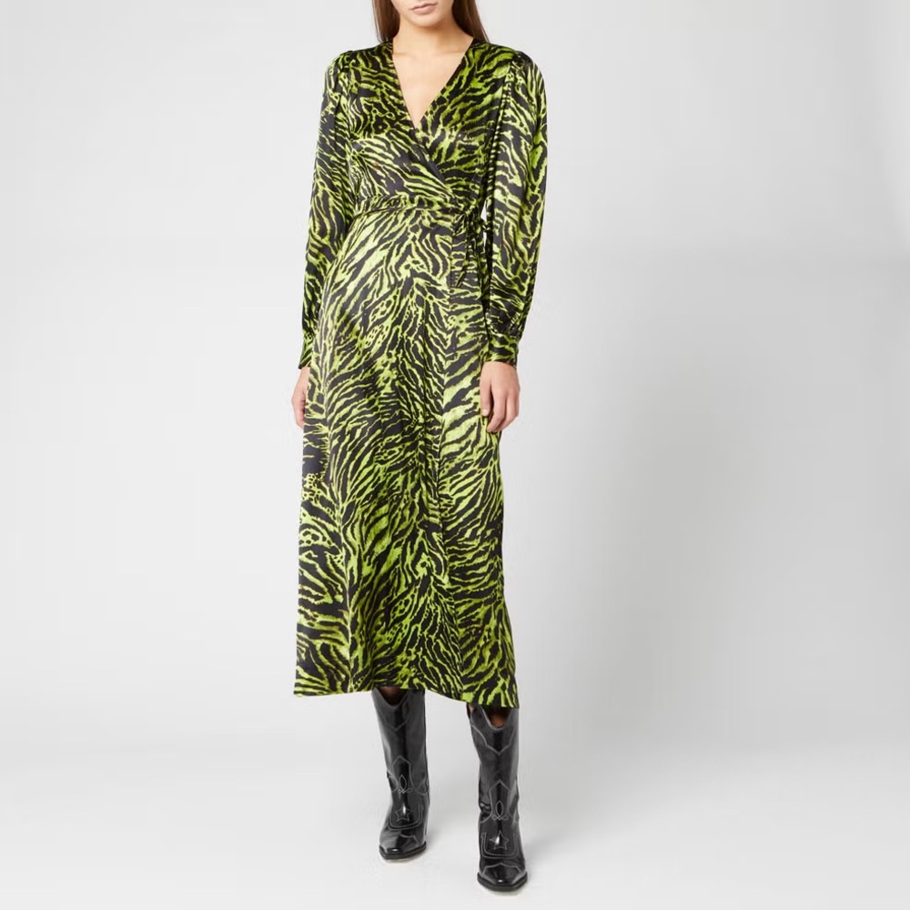 Ganni silk stretch line green tiger wrap dress 36 - 4